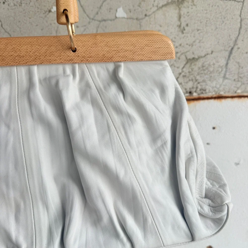 Vtg Adrienne Vittadini Leather Handbag Wood Handle Frame Bag White Vintage Purse